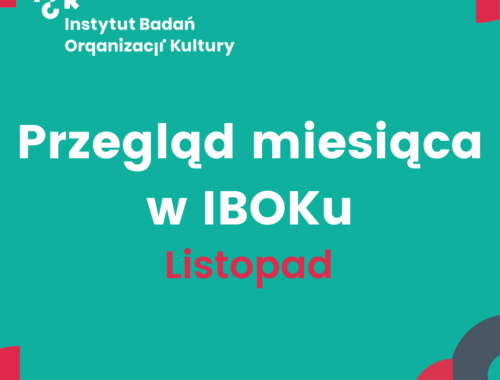 Turkusowa grafika z białym logo Instytutu Badań Organizacji Kultury (IBOK) w lewym górnym rogu. W centralnej części znajduje się duży, biały napis: „Przegląd miesiąca w IBOKu”, a pod nim, wyróżnione kolorem czerwonym słowo: „Listopad”. Tło ozdobione jest geometrycznymi kształtami w kolorach czerwonym, granatowym i jasnym turkusowym.