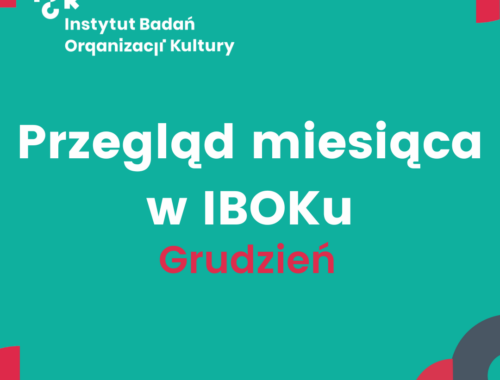 Turkusowa grafika z białym logo Instytutu Badań Organizacji Kultury (IBOK) w lewym górnym rogu. W centralnej części znajduje się duży, biały napis: „Przegląd miesiąca w IBOKu”, a pod nim, wyróżnione kolorem czerwonym słowo: ,,Grudzień”. Tło ozdobione jest geometrycznymi kształtami w kolorach czerwonym, granatowym i jasnym turkusowym.