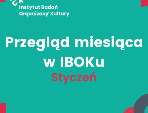 Turkusowa grafika z białym logo Instytutu Badań Organizacji Kultury (IBOK) w lewym górnym rogu. W centralnej części znajduje się duży, biały napis: „Przegląd miesiąca w IBOKu”, a pod nim, wyróżnione kolorem czerwonym słowo: ,,Styczeń”. Tło ozdobione jest geometrycznymi kształtami w kolorach czerwonym, granatowym i jasnym turkusowym.