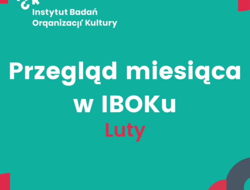 Turkusowa grafika z białym logo Instytutu Badań Organizacji Kultury (IBOK) w lewym górnym rogu. W centralnej części znajduje się duży, biały napis: „Przegląd miesiąca w IBOKu”, a pod nim, wyróżnione kolorem czerwonym słowo: ,,Luty”. Tło ozdobione jest geometrycznymi kształtami w kolorach czerwonym, granatowym i jasnym turkusowym.