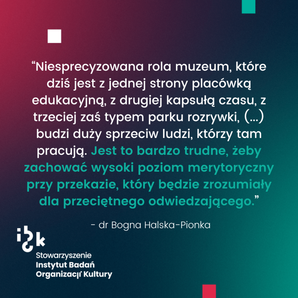 Grafika z cytatem dr Bogny Halskiej-Pionki o niesprecyzowanej roli muzeum, które balansuje między edukacją a rozrywką. Kluczowym wątkiem jest trudność w zachowaniu wysokiego poziomu merytorycznego przy jednoczesnym dbaniu o przystępność przekazu dla przeciętnego widza. Na dole logo Instytutu Badań Organizacji Kultury. Tło gradientowe, od ciemnozielonego do bordowego.