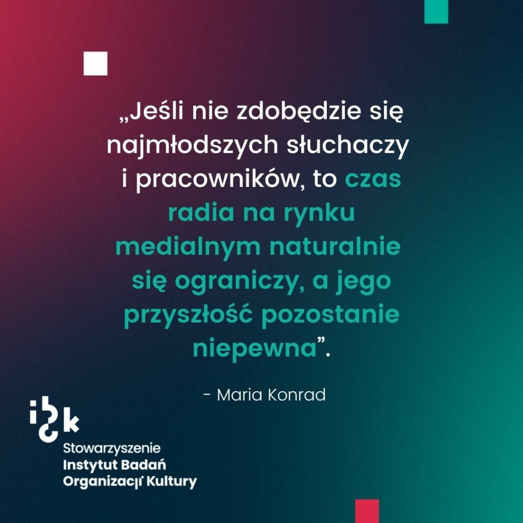 Grafika z cytatem Marii Konrad dotyczącym konieczności pozyskiwania młodego pokolenia. Autorka zaznacza, że bez zdobycia najmłodszych słuchaczy oraz pracowników, czas radia na rynku naturalnie się ograniczy, a jego przyszłość będzie niepewna. Na dole logo Stowarzyszenia Instytut Badań Organizacji Kultury. Tło gradientowe, od ciemnozielonego do bordowego.
